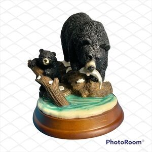 Vintage Heavy Resin Black Bears Mama/Cub Fishing Figurine